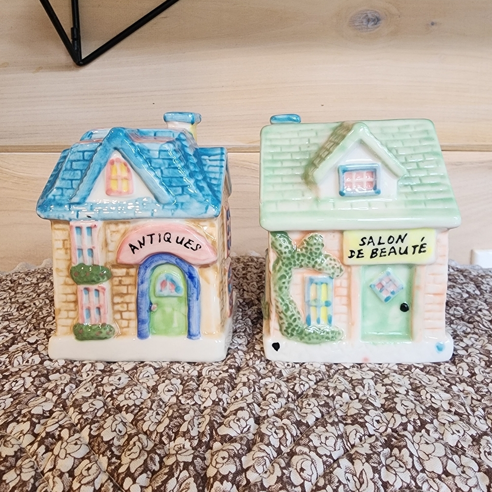Vintage Ceramic Cottage House Figurines Set Of 2